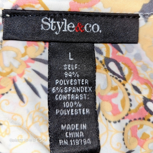 Style & Co Pink Gold Orange  Bohemian Print Scarf Blouse Large w/Flared Sleeves - Picture 3 of 6